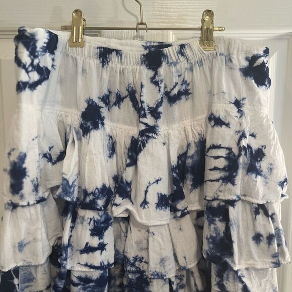 Blue and White Tiered Bubble Mini Skirt - Picture 3 of 10
